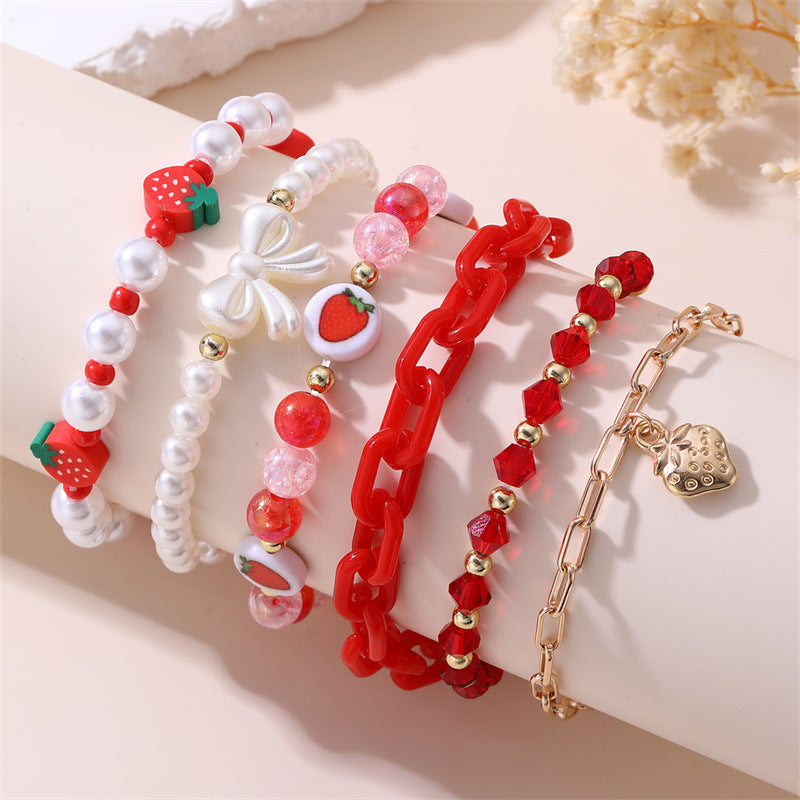 Wholesale Red polymer clay strawberry pearl girl' s bracelet